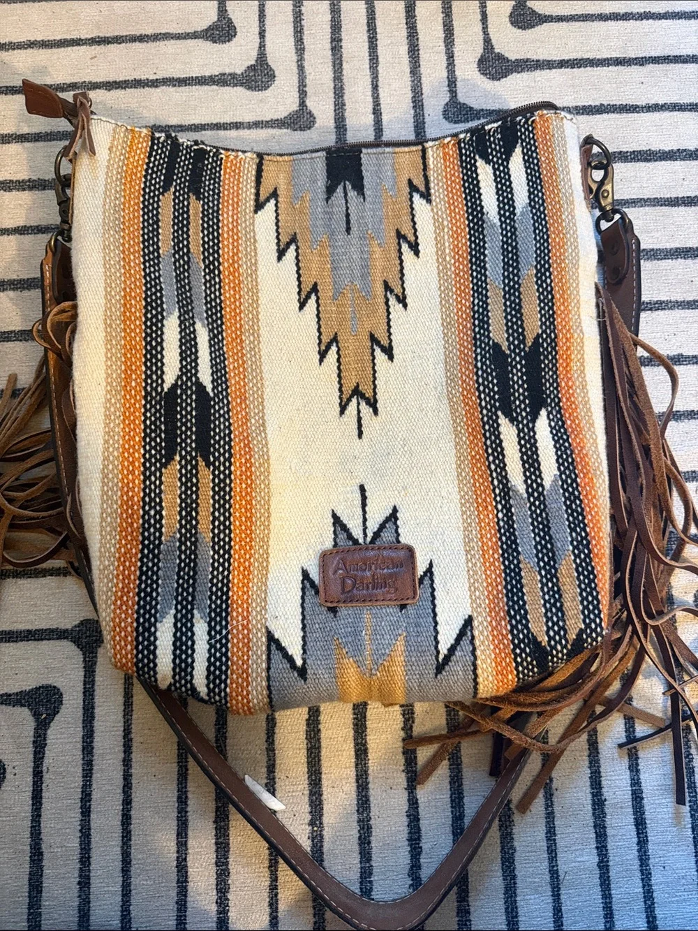 American Darling Brown Tooled Fringe Crossbody with Cream and Gray Pattern